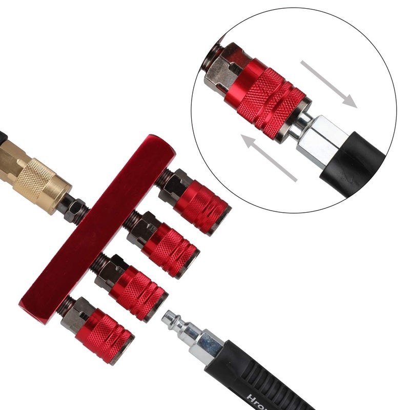 Hromee 4-Way Straight Air Manifold 5 Ports Aluminum Industrial Pneumatic Air Compressor Quick Connect Socket In Line Type Air Hose Splitter with 4 Couplers and 1/4" Male NPT Plug - Image 4